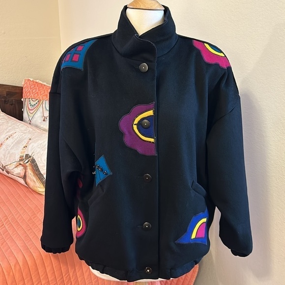 Marylou Ozbolt Storer 80’s Washed Wool Abstract Appliqué colorful jacket sz Med - Picture 3 of 15